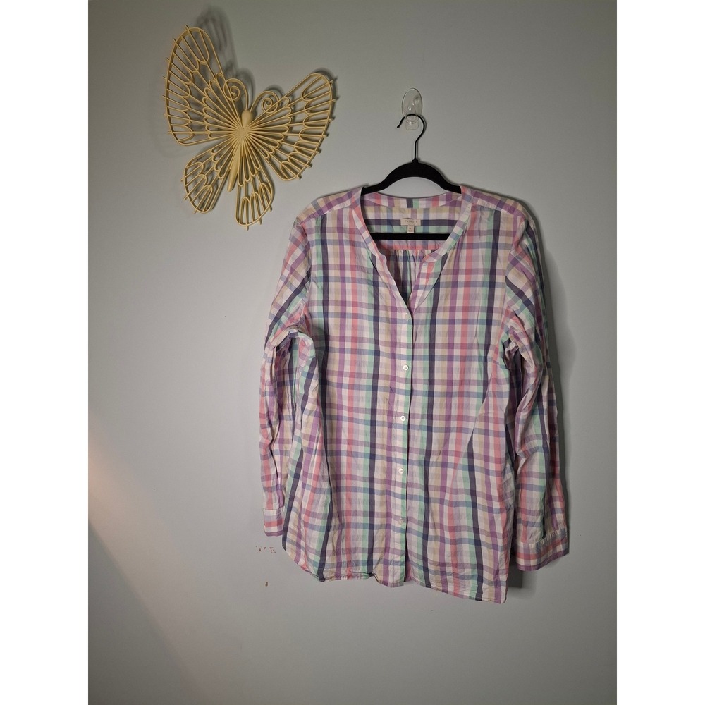 Talbots Womens XL Pastel Plaid Button Front Blouse Multi Color Long Sleeve Top